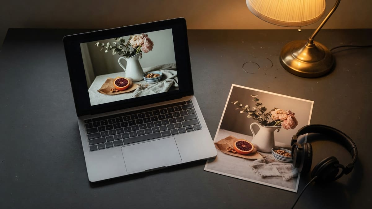 Laptop playing a short clip that matches a printed still, the MP4 result of image to video