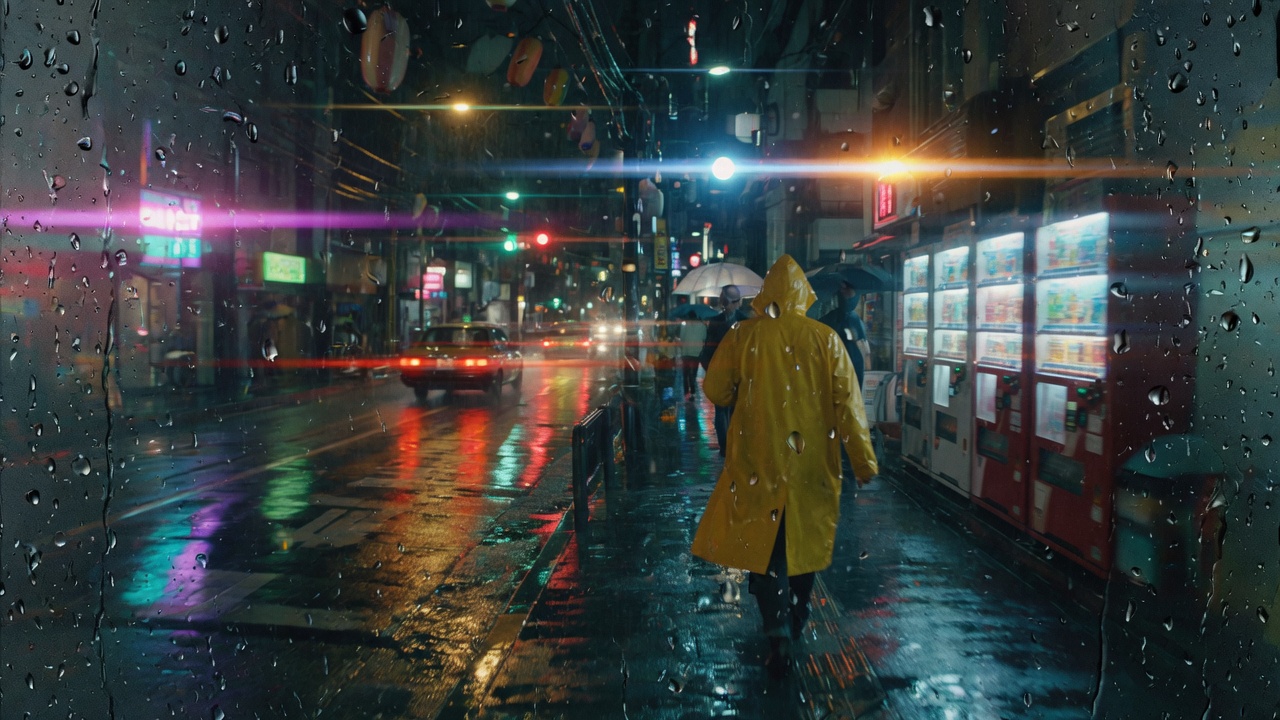 Rainy night street still used as a camera-move reference